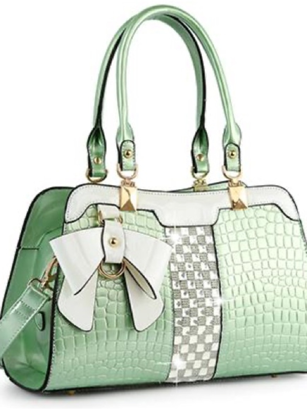 Julia and Michael Mint Green Croc-Embossed Purse with White Bow Accent